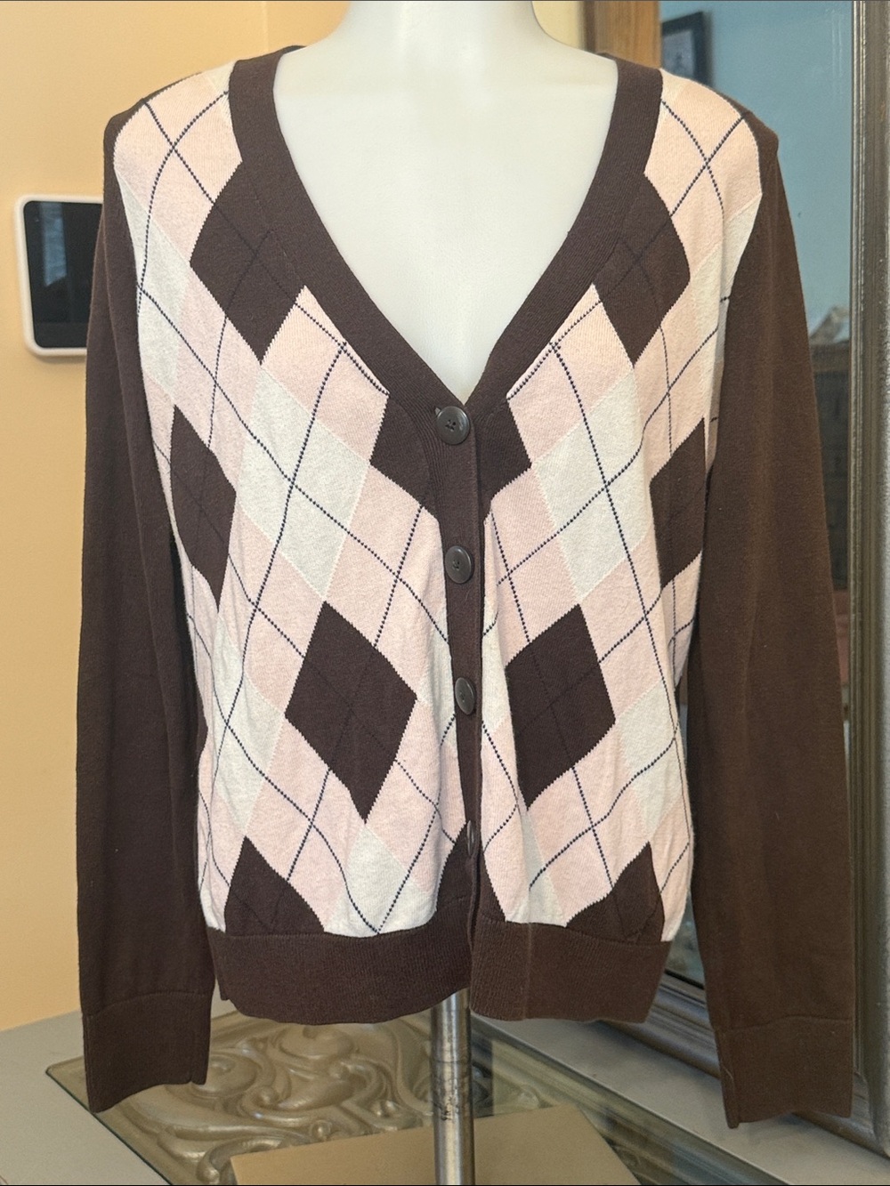 Tommy Hilfiger Medium Pima Cotton Brown Light Pink Argyle Button Front Cardigan